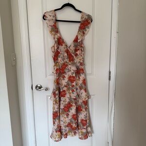 Lulu's Brown and Orange Ruffled Midi Dress V-neck Sleeveless